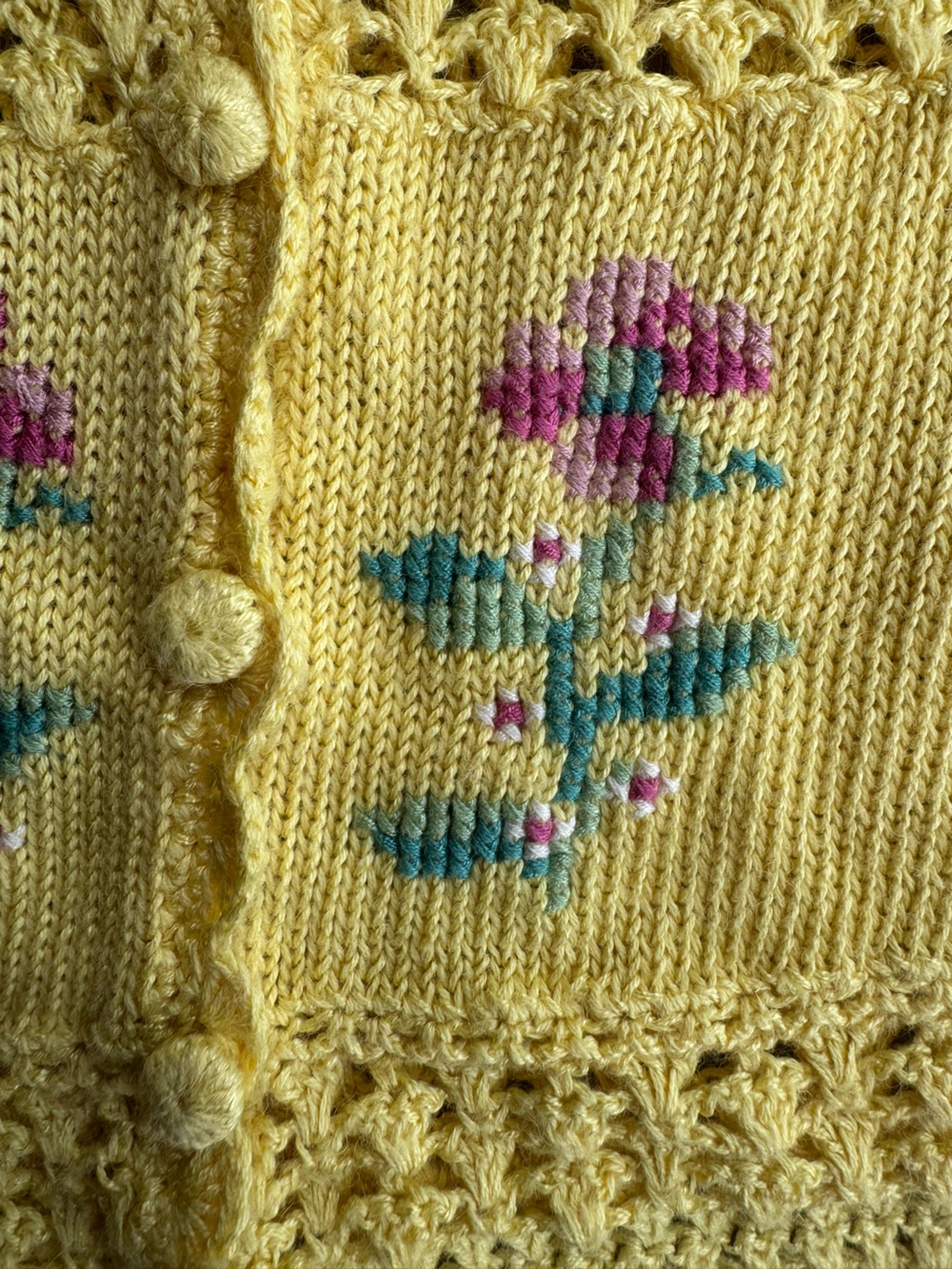 Vintage Yellow Crochet Knit Button-Front Short Sleeve Cardigan M Cross Stitch - Picture 15 of 15